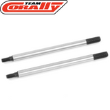 Pair of Team Corally C-00180-165 Steel Front Shock Shaft 55mm (2) designed for radio control parts, featuring durable steel construction with threaded ends for RC car suspension.