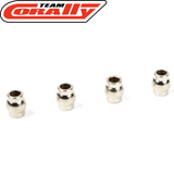Four small metallic silver components arranged in a row with the Team Corally logo above, representing Team Corally C-00180-293 Steel Ball 6.8mm (4) for rc car parts.