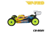 VP-Pro CB-8021 1/8 Buggy Body (Clear) Universal Nitro/Electric shown mounted on a brightly colored RC buggy with yellow wheels and aerodynamic design.