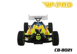 Front view of a yellow and black radio control buggy car equipped with VP-Pro CB-8021 1/8 Buggy Body (Clear) Universal Nitro/Electric featuring detailed suspension and large textured tires.