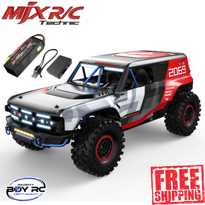 MJX Hyper Go H8PDC 1/8 Ford Bronco R Baja 1000 RTR radio control car with off-road tires, detailed body design, and included battery and charger for ready-to-run performance.