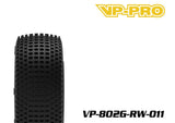 VP-PRO VP-802G Cutoff Evo 1/8 Buggy Pre-Mounted Tires (4) White Wheels shown with detailed tread pattern for enhanced grip on off-road RC cars.