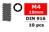 Team Corally C-3004-40-10 Steel Hex Set Screws M4 x 10mm (10) showing threaded steel screws with hex socket heads, suitable for radio control parts and rc car assembly.