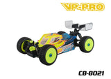 VP-Pro CB-8021 1/8 Buggy Body (Clear) Universal Nitro/Electric shown installed on a yellow and blue radio control buggy with bright yellow wheels and detailed decals.
