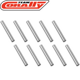 Set of ten silver metal rods designed as Team Corally C-00180-122 Steel Pin 2.5x17mm (10) for use in radio control car parts and rtr rc cars.