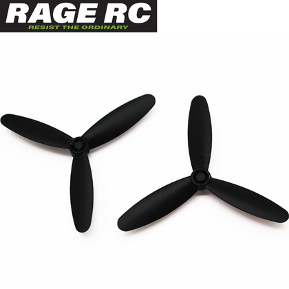 Two black three-blade propellers designed for radio control use displayed on a white background labeled with Rage RC RGR3107 Propeller Set Tribus 250 EP.