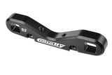 Black anodized aluminum RC car part labeled RF with Team Corally logo, designed as Team Corally C-00180-871 Aluminum Suspension Arm Mount HD Rear-Front 8mm for radio control cars.