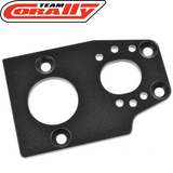 Team Corally C-00180-986 Aluminum Motor Mount Plate in black, designed for radio control parts and RC cars, featuring multiple mounting holes for secure installation.