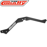 Black aluminum chassis brace with multiple mounting holes and Team Corally logo, designed for radio control cars, named Team Corally COR00180-867 Aluminum 3mm Center Upper Chassis Brace.