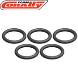Five black rubber silicone O-rings displayed in a row with the Team Corally logo above, representing Team Corally C-00180-191 Silicone O-Ring 9x12mm (5) for radio control parts.