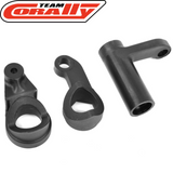Set of three black plastic Team Corally C-00180-036 Steering Bellcrank Parts A-B-C for radio control cars, designed to enhance steering performance and durability.