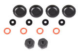 Team Corally C-00180-1026 Shock Maintenance Kit 2 Set including black caps, seals, orange O-rings, and hex-shaped components for radio control parts maintenance.