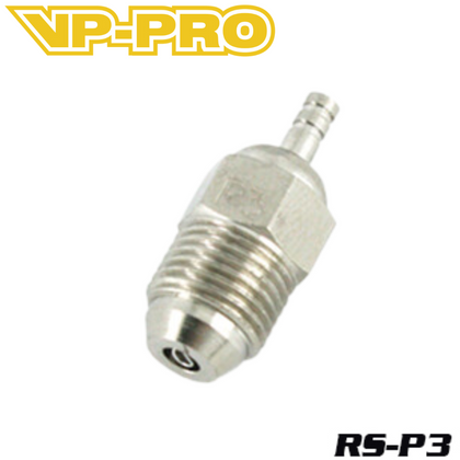 Close-up of a metal VP-PRO P3 Ultra Glow Plug designed for radio control parts and rc cars, featuring a threaded body and connector tip.