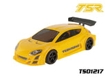 Yellow aerodynamic radio control car body with black tinted windows and rear spoiler, labeled Team Saxo, for Team Saxo TS01217 MGT 225mm 1/10 Car Body Clear Hatchback.