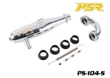 POWERSTAR PS-104-S 1/8 Buggy Exhaust Pipe (EFRA 2202) Silver with mounting hardware and gaskets for radio control car performance upgrade.