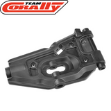 Close-up of a black plastic Team Corally C-00180-859 Lower Front Suspension Arm HDA-3 designed for radio control car parts, showing detailed mounting points and structural design.