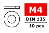 Diagram showing dimensions of a washer alongside text indicating M4 size, DIN 125 standard, and quantity of 10 pieces, associated with Team Corally C-3201-40 M4 Steel Washer (10) Silver.