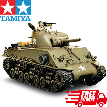 Tamiya RC Tank M4 Sherman 105mm Howitzer Full-Option Kit model in olive drab with detailed tracks, turret, and mounted soldier figure, showcasing realistic radio control parts.