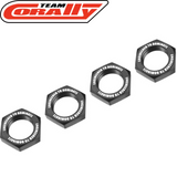 Team Corally C-00180-1117 Serrated Aluminum Wheel Nut Black (4) 17mm set of black aluminum serrated wheel nuts designed for radio control parts and rc cars.