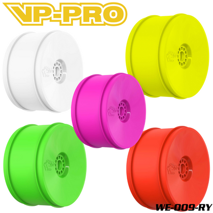 VP-PRO WE-009 1/8 Truggy Wheel (4) set in white, yellow, pink, green, and red colors, designed for radio control car parts with a sleek, durable finish.