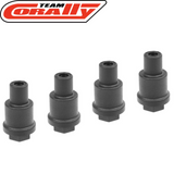 Four black cylindrical shock spacers for RC cars arranged in a row with the Team Corally logo, product labeled as Team Corally C-00180-1010 Shock Spacer (4) designed for radio control parts.