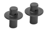 Two black plastic cylindrical components with flanged tops and small holes, identified as Team Corally C-00180-024 Body Post (2) for use in rc car parts or radio control models.