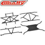 Team Corally C-00180-1301 Roll Cage Set A-Parts Shiroi featuring black plastic components designed for durable and detailed radio control car parts assembly.