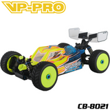 RC buggy featuring the VP-Pro CB-8021 1/8 Buggy Body (Clear) Universal Nitro/Electric, showcasing a vibrant yellow and blue painted shell with neon yellow wheels and detailed suspension components.