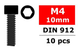 Team Corally C-3001-40-10 Hex Socket Head Steel Screws M4 x 10mm (10) with black hexagonal socket head, threaded body, and specification details for radio control parts.