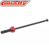 Team Corally C-00180-898 Front CVD Drive Shaft for HDA-3, a durable black metal drive shaft with red anodized aluminum component, designed for radio control car parts and rc cars.