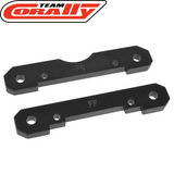 Team Corally C-00180-973 4mm Aluminum Suspension Arm Mount Set, black anodized aluminum parts designed for radio control car suspension upgrade and durability.