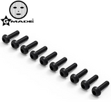 Ten black metal screws with round heads and hex wrench drive, arranged in a row, showcasing Gmade GMA0012 2.5x8mm Round Head Hex Wrench Bolt (10) for radio control car parts.