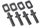 Four black cylindrical body posts with multiple holes and four rectangular holders arranged on a white background, part of the Team Corally C-00180-1244 Body Post & Holder (4) set for radio control car parts.