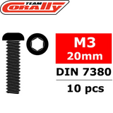 Team Corally C-3003-30-20 Hex Button Head Steel Screws M3 x 20mm (10) showing black hex button head screw with thread details and specifications for radio control car parts.