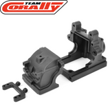 Team Corally C-00180-033 Gearbox Case Set in black, durable plastic designed for radio control car parts to house and protect internal gearbox components.