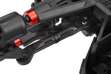 Close-up view of black and red metal steering links installed on an rc car suspension system, featuring Team Corally COR00180-555-1 HD Steering Links Buggy 77mm (2) for enhanced durability.