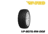 VP-PRO VP-807G Bull Dog Evo 1/8 Buggy Pre-Mounted Tires (4) White Wheels showing black knobby rubber tires mounted on white multi-spoke wheels for radio control car parts.