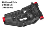 Team Corally C-00180-859 Lower Front Suspension Arm HDA-3 for radio control cars, featuring durable black material with red metal accents designed for enhanced suspension performance.