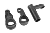 Three black plastic components arranged side by side, part of Team Corally C-00180-036 Steering Bellcrank Parts A-B-C for radio control car steering mechanisms.