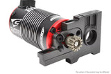 Close-up of a radio control motor mounted on a black aluminum bracket, featuring the Team Corally C-00180-176 Aluminum Motor Mount designed for rc car parts.