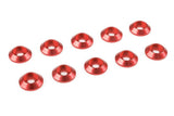 Team Corally C-3213-30-5 M3 Red Aluminum Washer OD=8mm (10) shown as a set of ten red anodized aluminum washers for radio control parts and rc car assemblies.