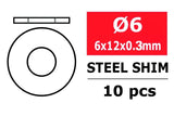 Team Corally C-3301-060-12-03 Steel Metric Shim 6x12x0.3mm (10) shown as a steel circular shim with dimensions 6x12x0.3mm, suitable for rc car parts and radio control models.