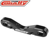 Close-up of a black aluminum mount part labeled RF with white Team Corally logo, designed as Team Corally C-00180-871 Aluminum Suspension Arm Mount HD Rear-Front 8mm for rc car parts and radio control vehicles.