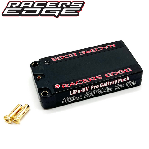 Racers Edge 4000mAh 2S 7.6V 130C LCG Shorty Hard Case Lipo Battery 5mm Bullet