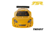 Team Saxo TS01217 MGT 225mm 1/10 Car Body Clear Hatchback in yellow with detailed front design and black aerodynamic rear wing for 1/10 scale radio control cars.