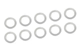Ten thin steel washers arranged in two rows on a white background, representing the Team Corally C-3301-04-06-01 Steel Metric Shim 4x6x0.1mm (10) set.