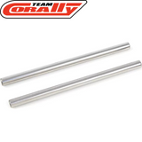 Two metal pivot pins displayed side by side on a white background with the Team Corally logo, identified as Team Corally C-00180-1217 Lower Inner Rear Suspension Arm Pivot Pin 70mm (2) for radio control car parts.