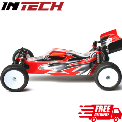 Side view of a red and black INTECH ER-12M 2.0 Lite 1/10 2wd RC Buggy Pro Racing Kit with white wheels, designed for high-performance radio control racing and free delivery.
