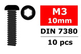 Diagram showing a hex button head steel screw and its top view with specifications M3 x 10mm DIN 7380, representing Team Corally C-3003-30-10 Hex Button Head Steel Screws M3 x 10mm (10) suitable for radio control parts.