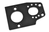 Team Corally C-00180-986 Aluminum Motor Mount Plate in black, featuring multiple precision holes for secure attachment to radio control car parts.